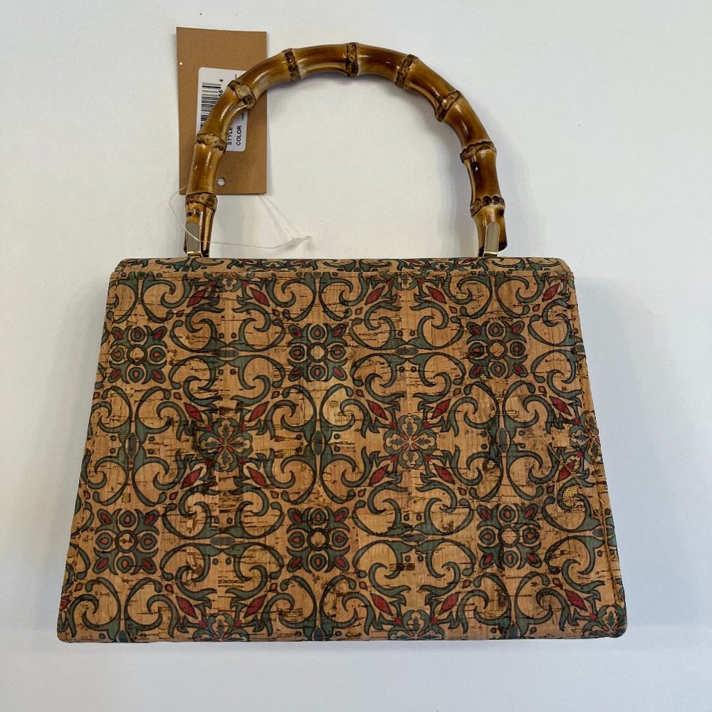 Savanna Floral Patterned Cork Satchel- Wood Handle & Gold Chain Crossbody - Picture 2 of 7